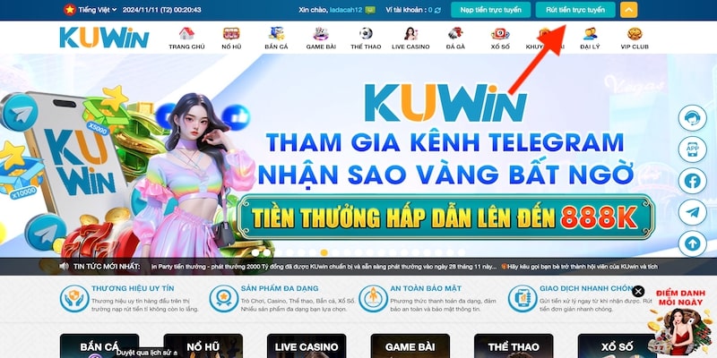 Truy cập trang chủ rút tiền KUWin